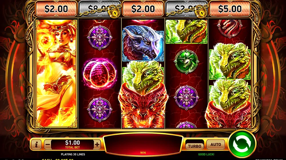 Dragoness slot reels with the expanding Wild and dragon symbols